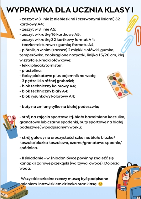 Wyprawka dla ucznia klasy 1